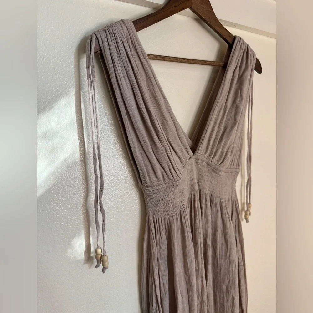 Free People S Boho Gauze Harem Jumpsuit Beige Taupe Smocked Waist Beaded Straps - Picture 6 of 10